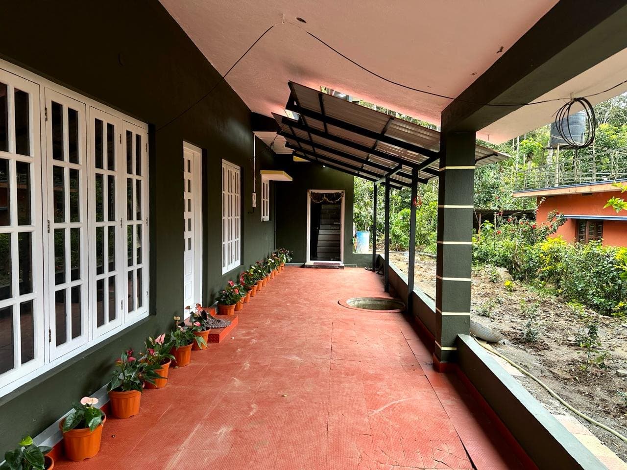 Covered veranda at Leaflink lined with potted anthurium flowers